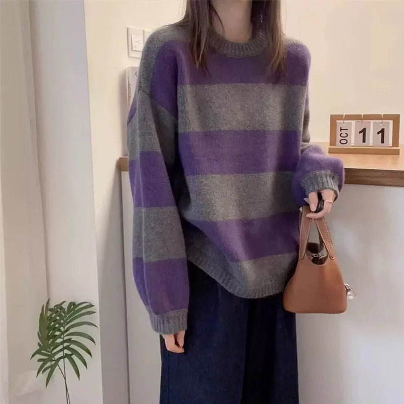 Simple striped round-neck cashmere knitted sweater women loose long-sleeved top versatile autumn and winter wool base sweater
