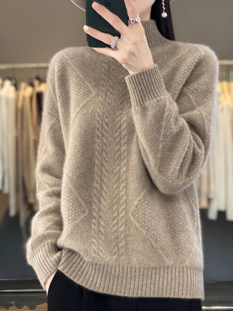 Autumn Winter Women 100% Merino Wool Sweater Striped Twisted Knitted Pullover Casual Loose Long Sleeve Cashmere Clothing Tops