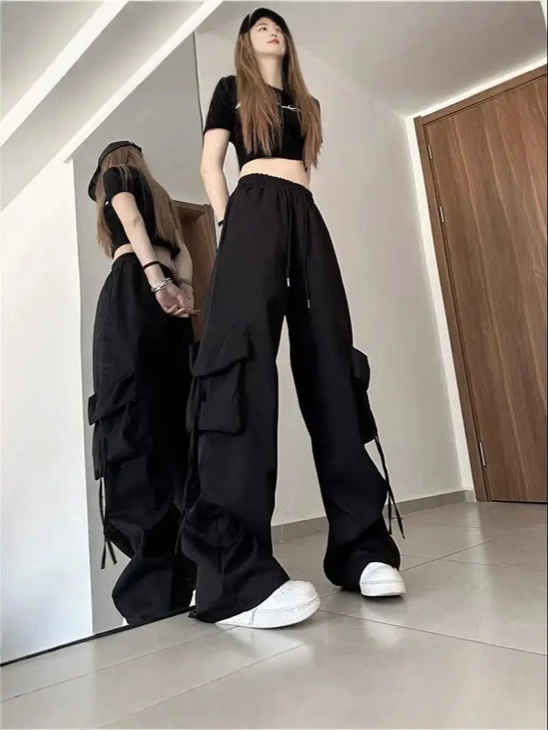 Women Y2K Cargo Pants High Waist Streetwear Hip Hop Trousers Female Big Pockets Casual Low Waist Drawstring Baggy Sweatpants