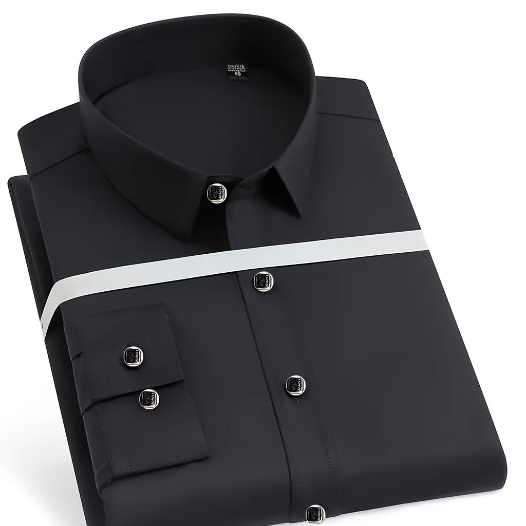 Men'S Slim-Fit Elegant Black Long-Sleeve Button- Shirt | Lightweight, Geometric Pattern, Smooth Texture, Suitable for Casual and Formal Occasions, All-Season